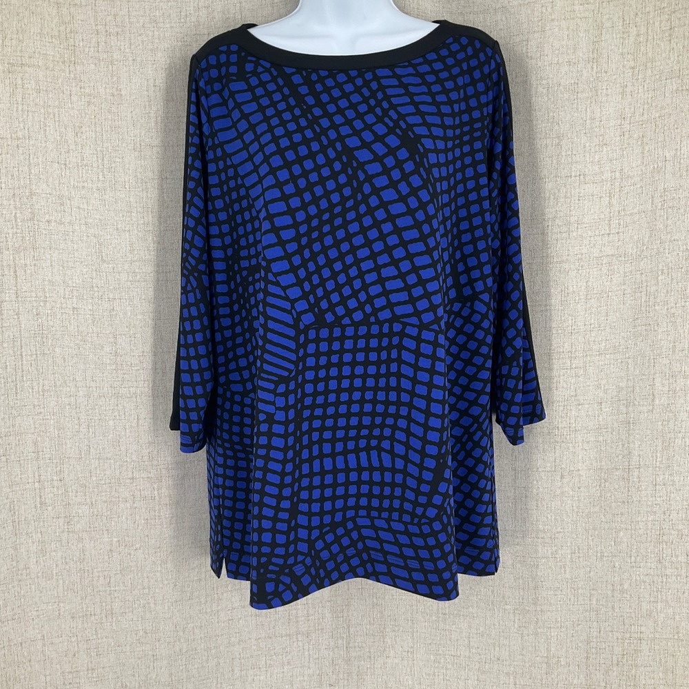 Susan Graver Tunic Top Women L Blue Black Geometric 3/4 Sleeve Classic